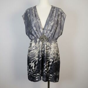 Takara Womens L Gray Abstract Animal Print Studded V-Neck Tunic‎ Blouse Cap Slv